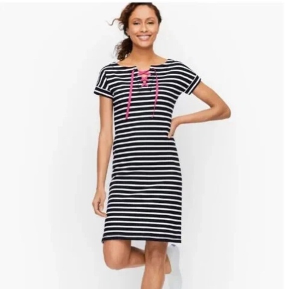 Talbots Dresses & Skirts - T by Talbots Navy/White striped Terry Dress with bright pink NWT Medium Petite